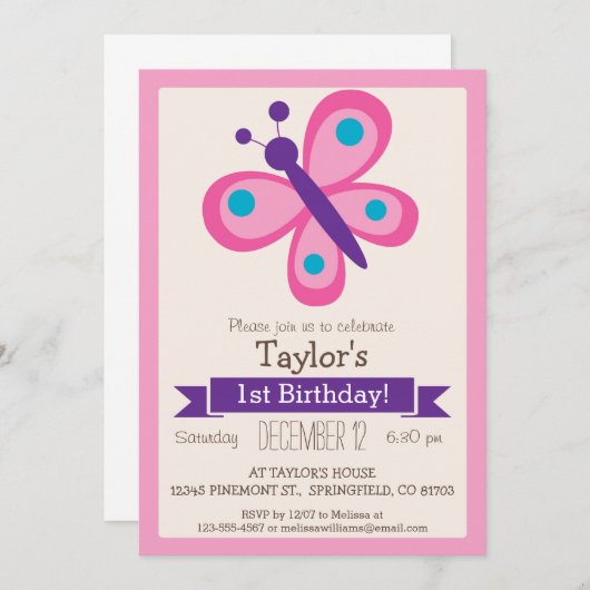 Roze en Paarse vlinder, verjaardagsfeestje voor me Kaart (Voorkant / Achterkant)