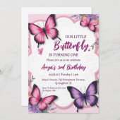 Roze en paarse vlinder verjaardagsuitnodigingen kaart (Voorkant / Achterkant)