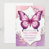 Roze en paarse vlinder verjaardagsuitnodigingen kaart (Voorkant / Achterkant)
