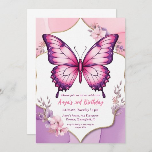 Roze en paarse vlinder verjaardagsuitnodigingen kaart (Voorkant / Achterkant)