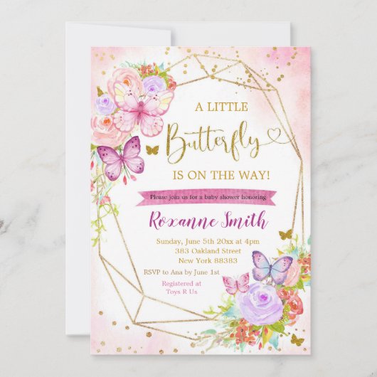 Roze en Paarse vlindermaal Baby shower Kaart (Voorkant)