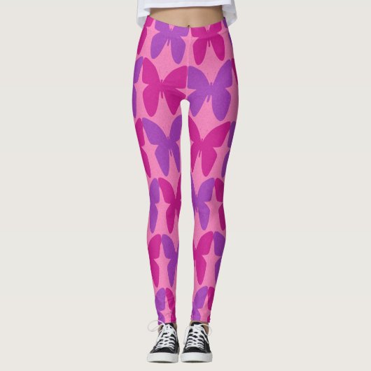 Roze en paarse vlinderpatroon leggings (Voorkant)