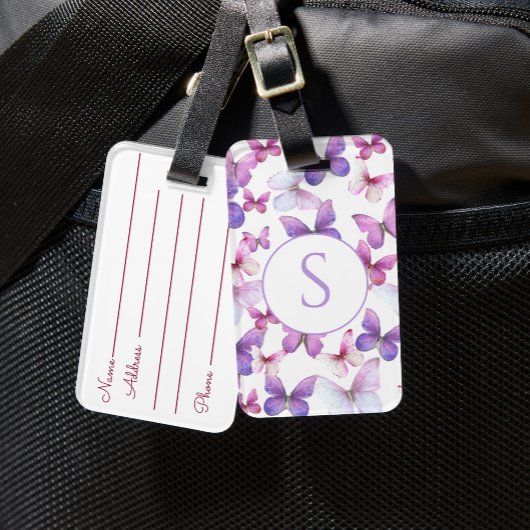 Roze en Paarse Vlinders Aangepast Monogram Bagagelabel