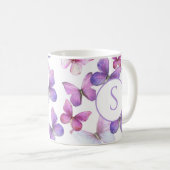 Roze en Paarse Vlinders Aangepast Monogram Koffiemok (Voorkant rechts)