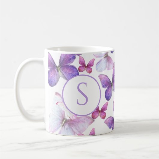 Roze en Paarse Vlinders Aangepast Monogram Koffiemok (Links)