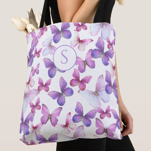 Roze en Paarse Vlinders Aangepast Monogram Tote Bag