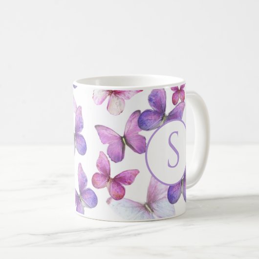 Roze en Paarse vlinders Custom Monogram Koffiemok (Voorkant rechts)