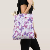 Roze en Paarse vlinders Custom Monogram Tote Bag (Dichtbij)