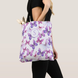Roze en Paarse vlinders Custom Monogram Tote Bag