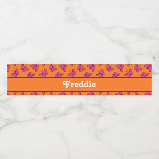 Roze en paarse vlinders op sinaasappel waterfles etiket (Enkel label)