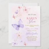 Roze en Paarse vlinders Quinceañera Uitnodiging (Voorkant)