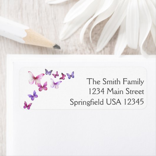 Roze en paarse vlinders retour adreslabel etiket (Insitu)