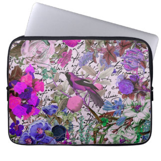  Roze en Paarse Vogel en Floral & Script Laptop Sleeve