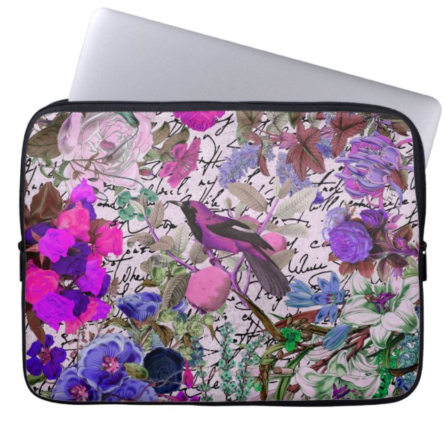 Roze en Paarse Vogel en Floral & Script Laptop Sleeve (Voorkant)