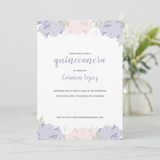 Roze en Paarse volken Quinceanera Partij Kaart (Staand voorkant)