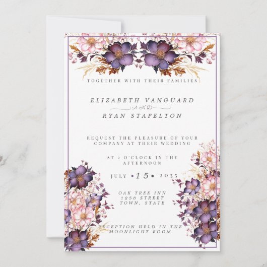 Roze en Paarse Waterverf bloemen bruiloft Kaart (Voorkant)