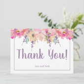 Roze en Paarse Waterverf Bloemen Dank u kaart (Staand voorkant)