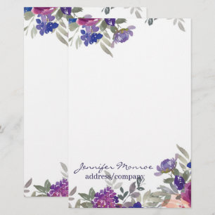Roze en paarse waterverf bloemen gepersonaliseerd briefpapier