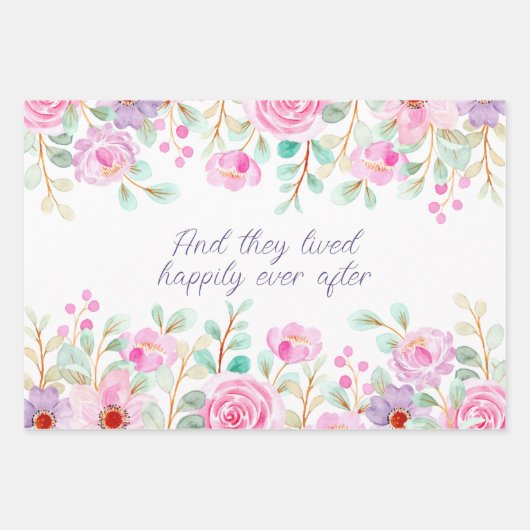 Roze en Paarse Waterverf Bloemen Lijst Inpakpapier Vel (Voorkant)