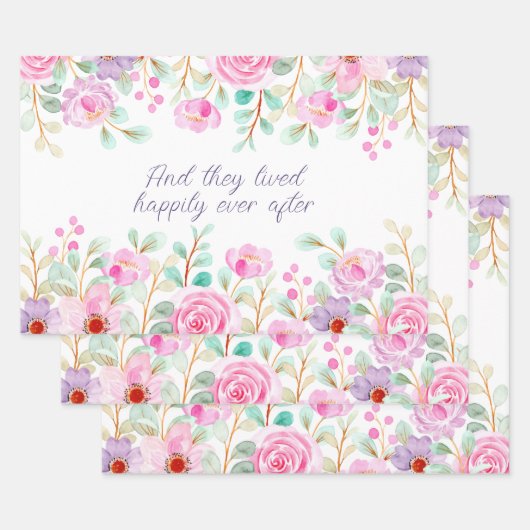 Roze en Paarse Waterverf Bloemen Lijst Inpakpapier Vel (Set)