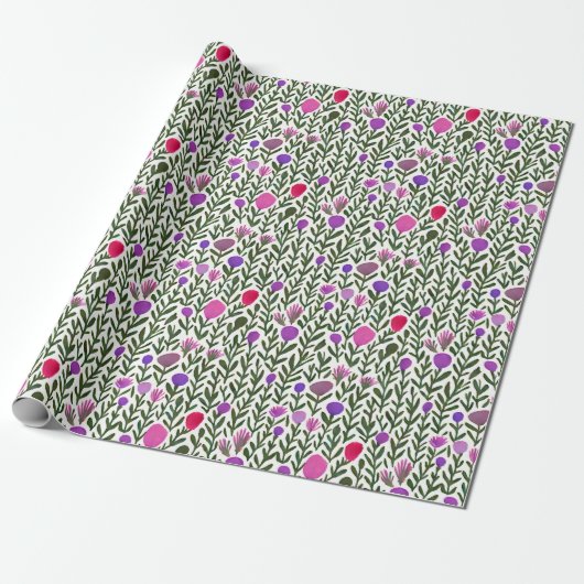 Roze en paarse waterverf bloemen patroon cadeaupapier (Uitgerold)