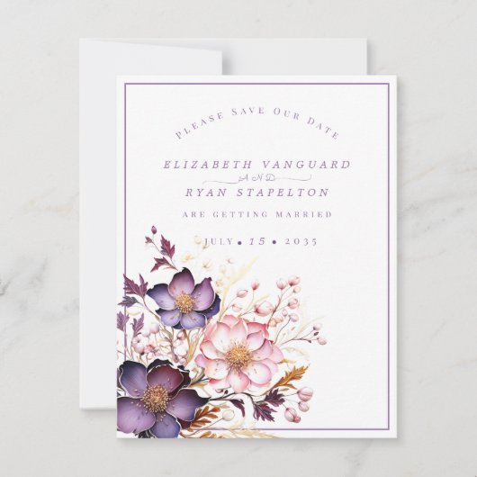 Roze en Paarse Waterverf bloemen Save The Date (Voorkant)