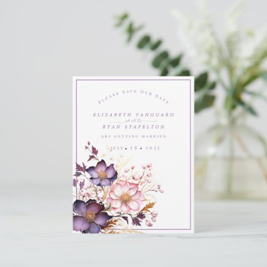Roze en Paarse Waterverf bloemen Save The Date (Staand voorkant)