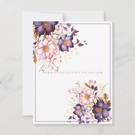 Roze en Paarse Waterverf bloemen Save The Date (Achterkant)