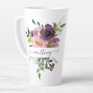 Roze en paarse waterverf bloemstuk gepersonaliseer latte mok