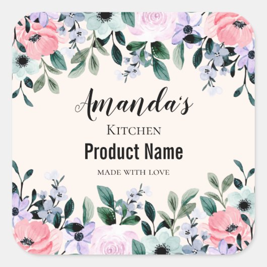 Roze en Paarse Waterverf Floral Border Kitchen Vierkante Sticker (Voorkant)