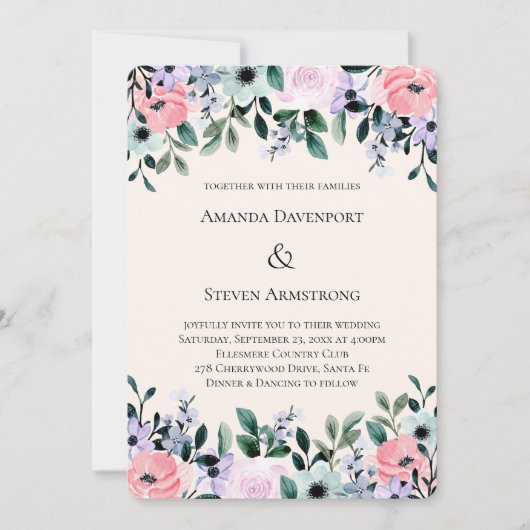 Roze en Paarse Waterverf Floral Border Wedding Kaart (Voorkant)