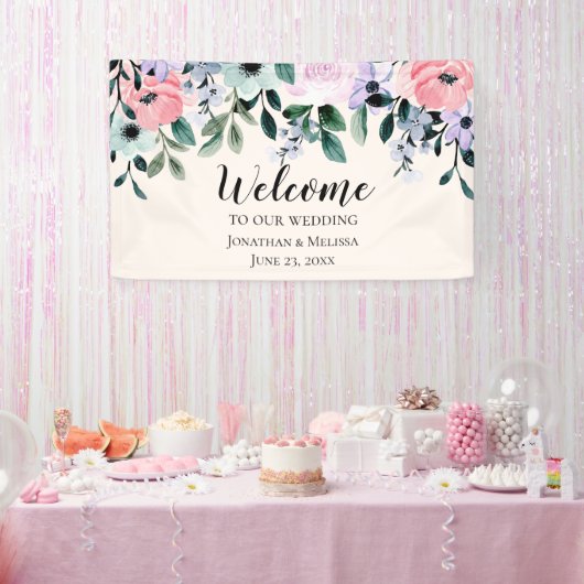 Roze en Paarse Waterverf Floral Border Wedding Spandoek (Feest)
