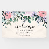 Roze en Paarse Waterverf Floral Border Wedding Spandoek (Horizontaal)
