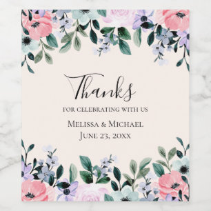 Roze en Paarse Waterverf Floral Border Wedding Wijn Etiket
