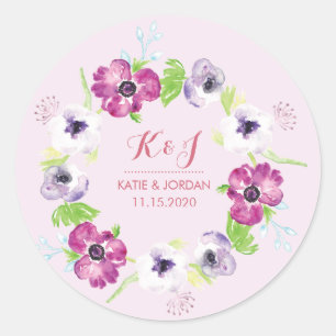 Roze en Paarse Waterverf Flowers Weddenschappen Be Ronde Sticker