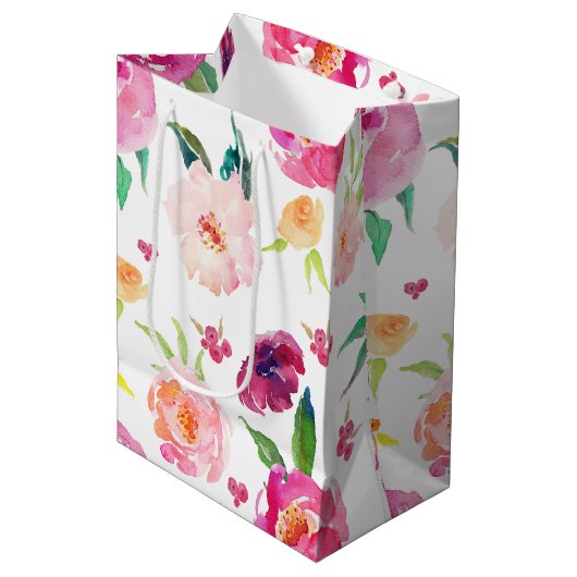 Roze en Paarse Waterverf Pioenenschenktas Medium Cadeauzakje (Voorkant Gekanteld)