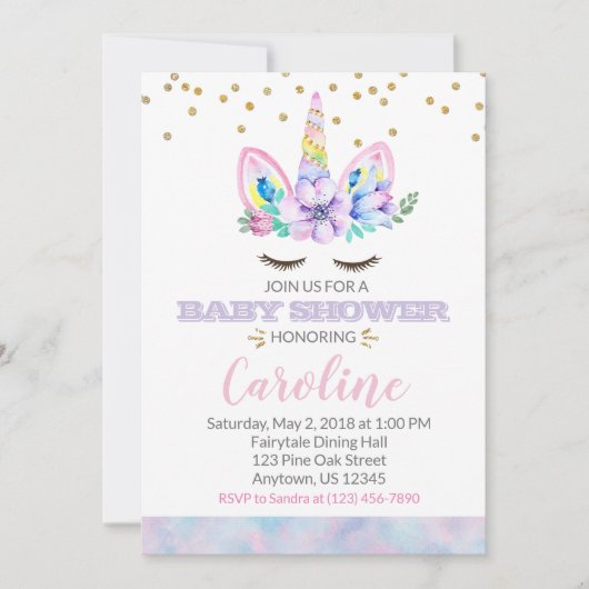 Roze en Paarse Waterverf Stijl Unicorn Baby shower Kaart (Voorkant)