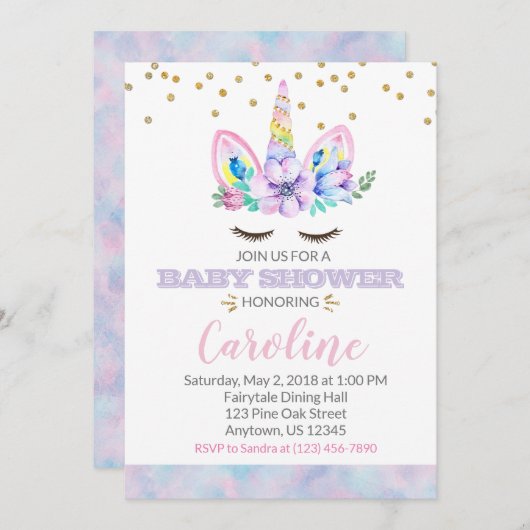 Roze en Paarse Waterverf Stijl Unicorn Baby shower Kaart (Voorkant / Achterkant)