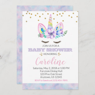 Roze en Paarse Waterverf Stijl Unicorn Baby shower Kaart
