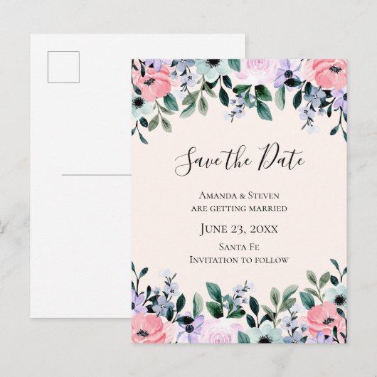 Roze en Paarse Waterverf Uitnodiging Briefkaart (Voorkant / Achterkant)