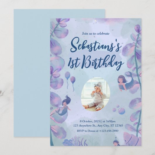 Roze en Paarse Waterverf Zeemeermin 1e Verjaardag Kaart (Voorkant / Achterkant)