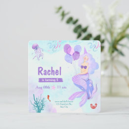 Roze en paarse waterverf zeemeermin verjaardag kaart