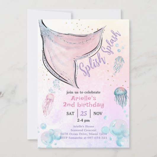 Roze en paarse waterverf zeemeerminstaart Uitnodig Kaart (Voorkant)