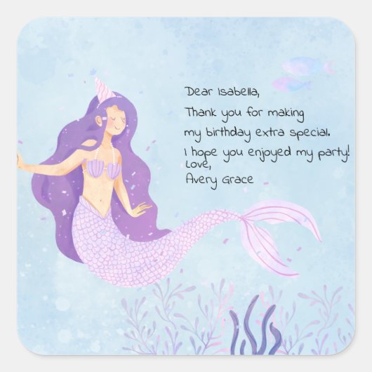 Roze en Paarse Zeemeermin Birthday Hartelijk dank Vierkante Sticker (Voorkant)