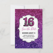 Roze en Paarse zoete 16 Sparkle Glitter Gemstone Save The Date (Voorkant)