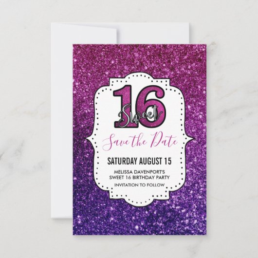 Roze en Paarse zoete 16 Sparkle Glitter Gemstone Save The Date (Voorkant)