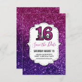 Roze en Paarse zoete 16 Sparkle Glitter Gemstone Save The Date (Voorkant / Achterkant)