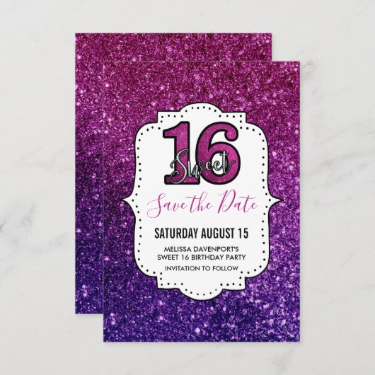 Roze en Paarse zoete 16 Sparkle Glitter Gemstone Save The Date (Voorkant / Achterkant)