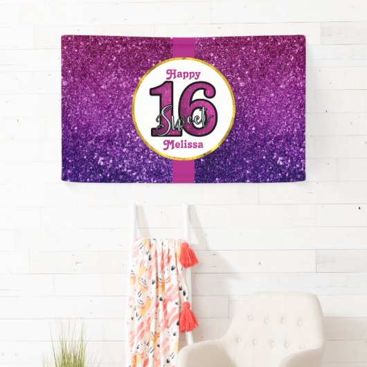 Roze en Paarse zoete 16 Sparkle Glitter Gemstone Spandoek (Insitu)