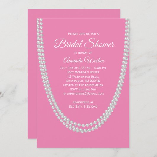 Roze en parels bruids douche uitnodiging (Voorkant / Achterkant)